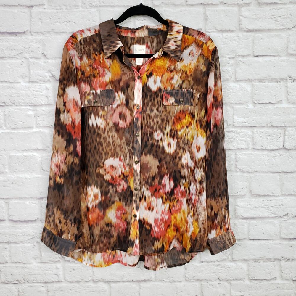 Chico's Bold Artsy Brown Red Orange Blouse Size 3